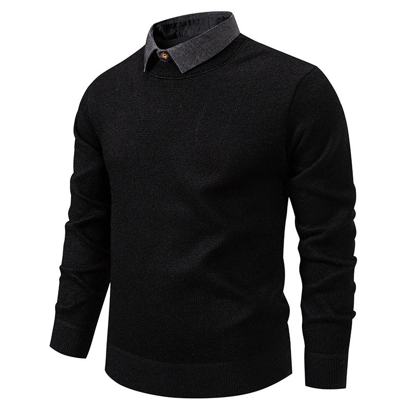 Richly textured men's knit sweater, a long sleeve pullover with a sophisticated layered collar for elevated men's fashion.