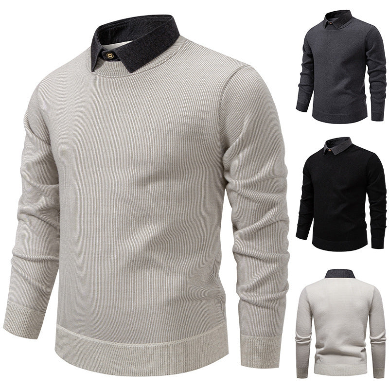 Versatile men's textured knit sweater, a comfortable long sleeve pullover featuring a stylish layered collar for smart outfits.