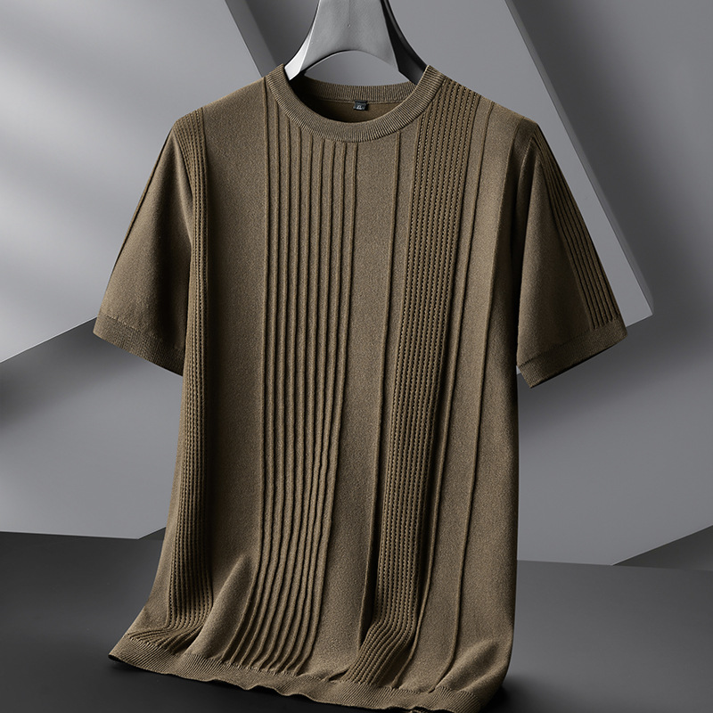Men's textured knit tee, lightweight & comfortable viscose blend. Crew neck casual wear shirt for refined style.