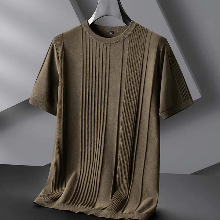 Men's textured knit tee, lightweight & comfortable viscose blend. Crew neck casual wear shirt for refined style.
