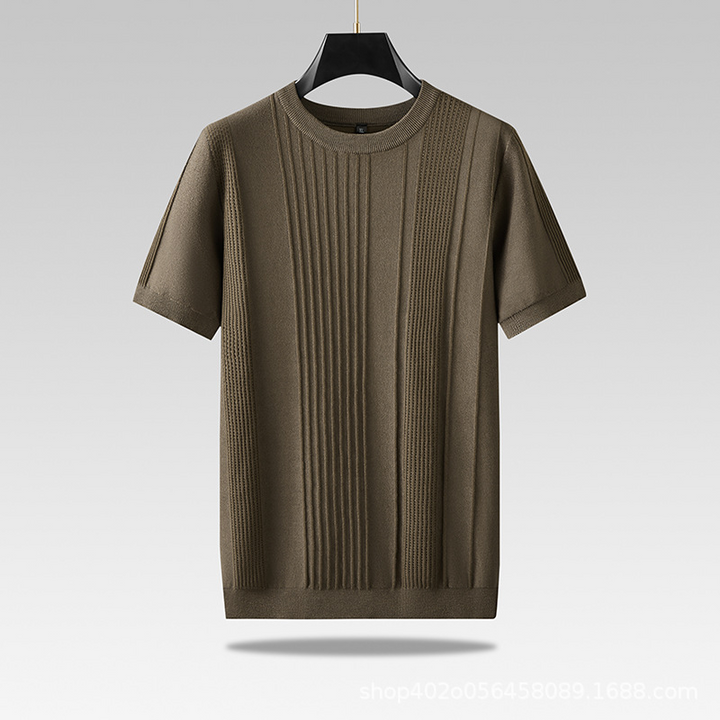 Olive men's textured knit tee. Lightweight viscose blend crew neck shirt, comfortable for casual wear.