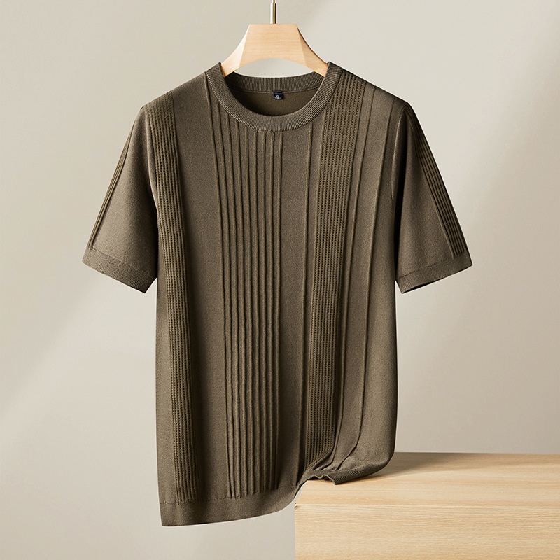 Navy men's textured knit shirt. Comfortable crew neck, lightweight viscose blend textured top for men.
