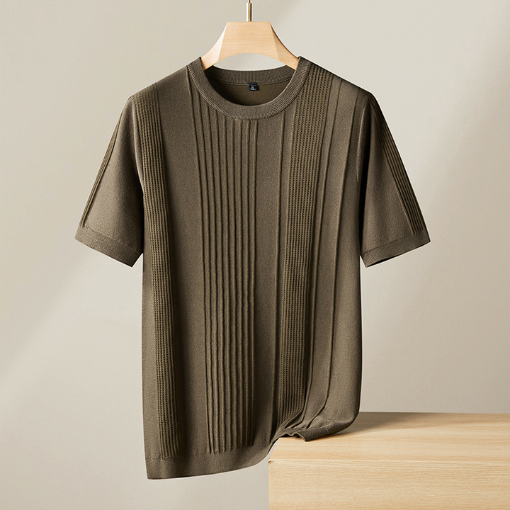 Navy men's textured knit shirt. Comfortable crew neck, lightweight viscose blend textured top for men.