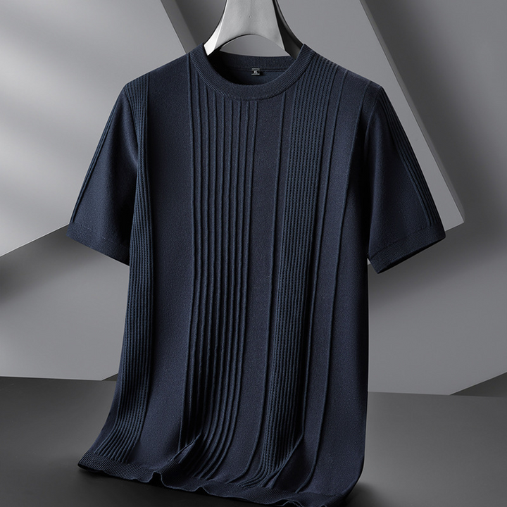 Brown men's textured knit tee. Refined comfort, lightweight viscose blend casual wear knit shirt.
