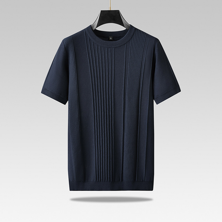 Men's comfortable textured knit tee in soft viscose blend. Lightweight crew neck shirt for casual style.