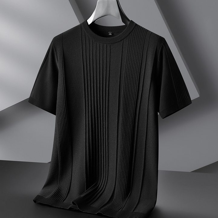 Lightweight men's textured knit tee. Viscose blend crew neck shirt, comfortable for refined casual wear.