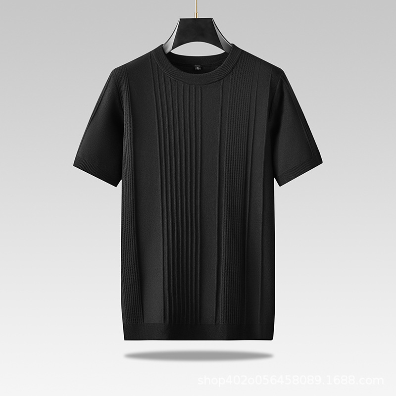 Olive men's textured knit shirt, lightweight & comfortable. Viscose blend crew neck top for casual wear.