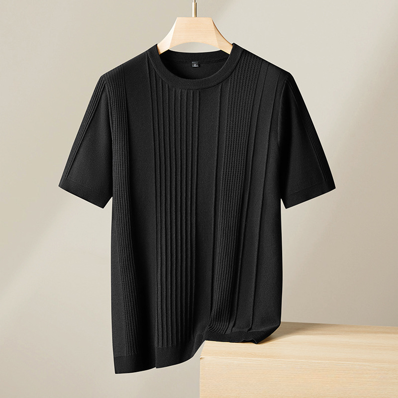 Navy men's textured knit tee. Refined comfort, lightweight viscose blend crew neck shirt for men.