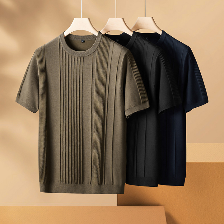 Men's lightweight textured knit tee. Viscose blend crew neck shirt, comfortable casual wear, olive, navy, brown.