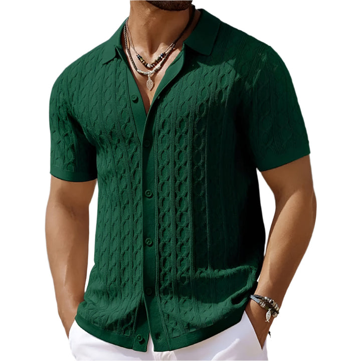 Men's textured polo shirt with a stylish button-down collar, perfect for smart casual summer fashion.