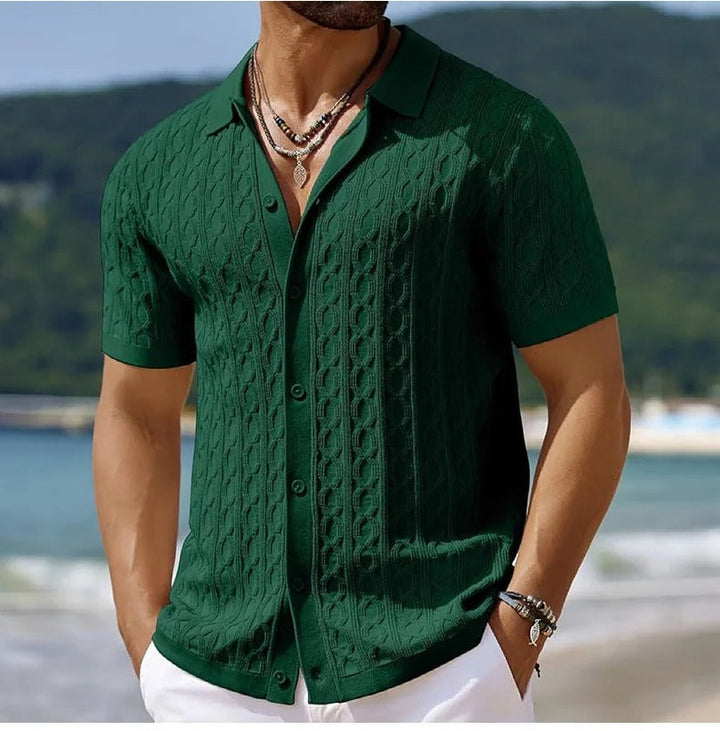 Breathable short-sleeve men's polo in textured fabric, featuring a refined button-down collar for versatile wear.