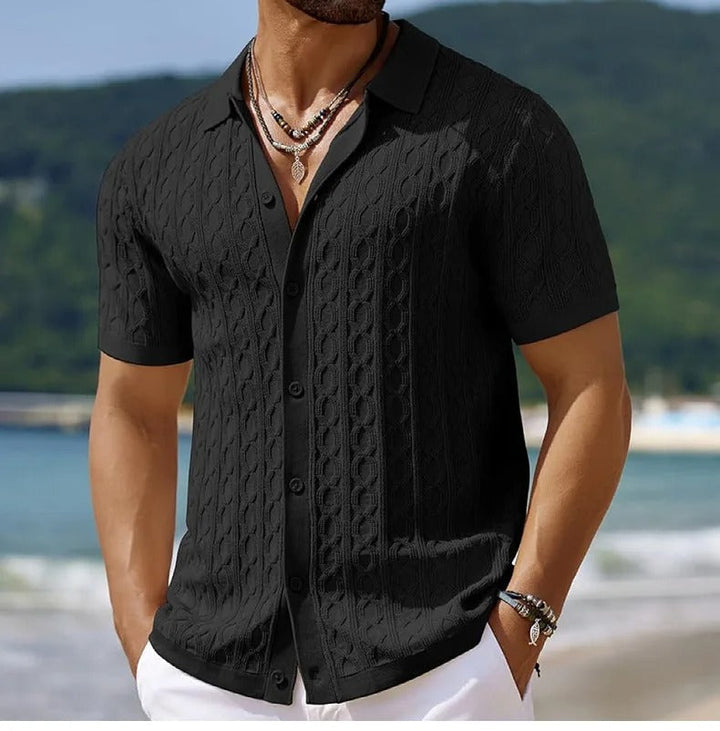 Men's smart casual polo shirt in a stylish textured fabric, featuring a short-sleeve and button-down collar.