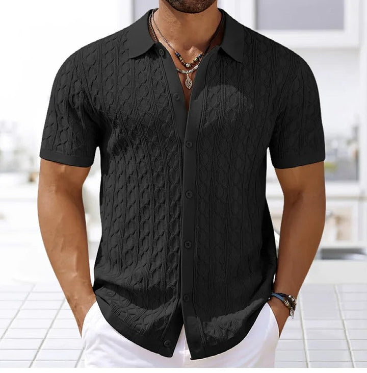 Man wearing a comfortable, breathable men's textured polo shirt with a button-down collar for summer fashion.