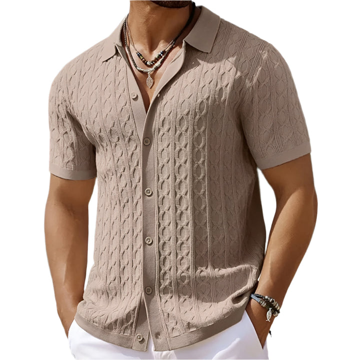 Stylish men's polo: short sleeve, textured fabric, elegant button-down collar. Perfect versatile top for smart casual.