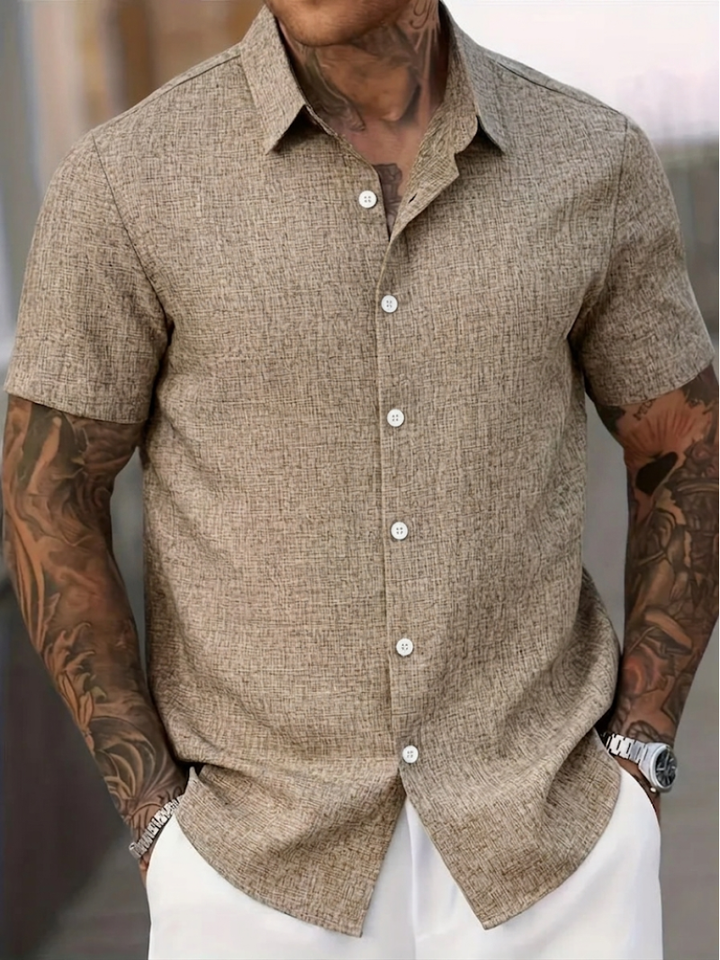 Versatile men's summer polo shirt. Textured fabric, button-down front, short sleeves, and regular fit for everyday fashion.