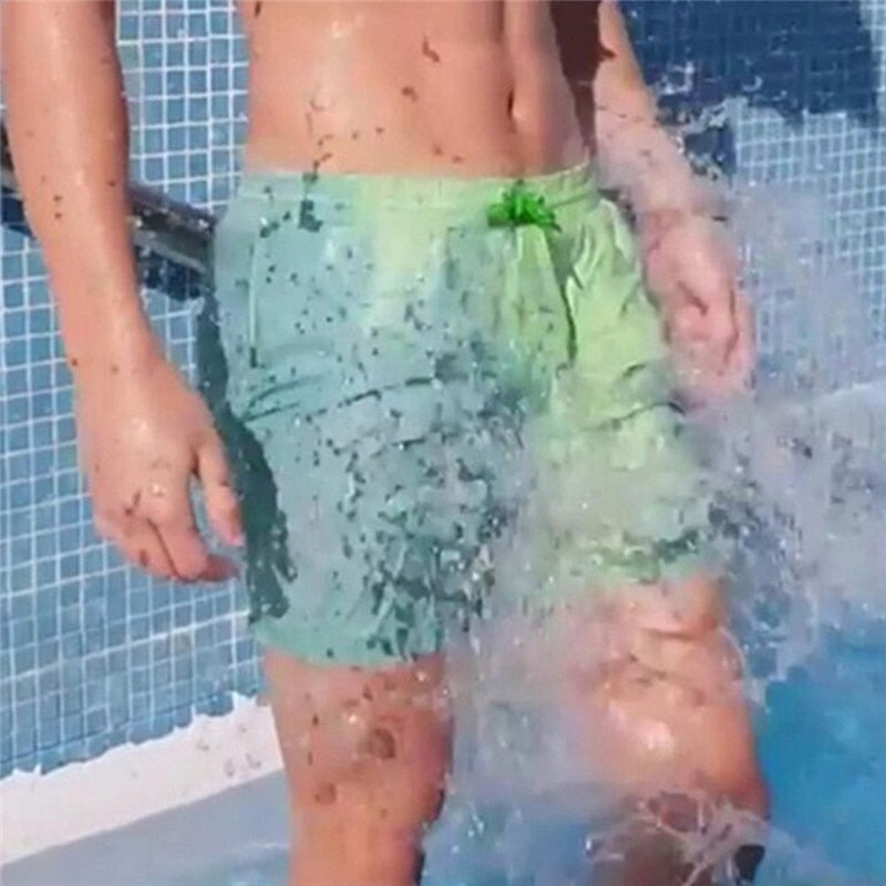 Comfortable men's color-changing swim shorts, showcasing full thermal color transformation