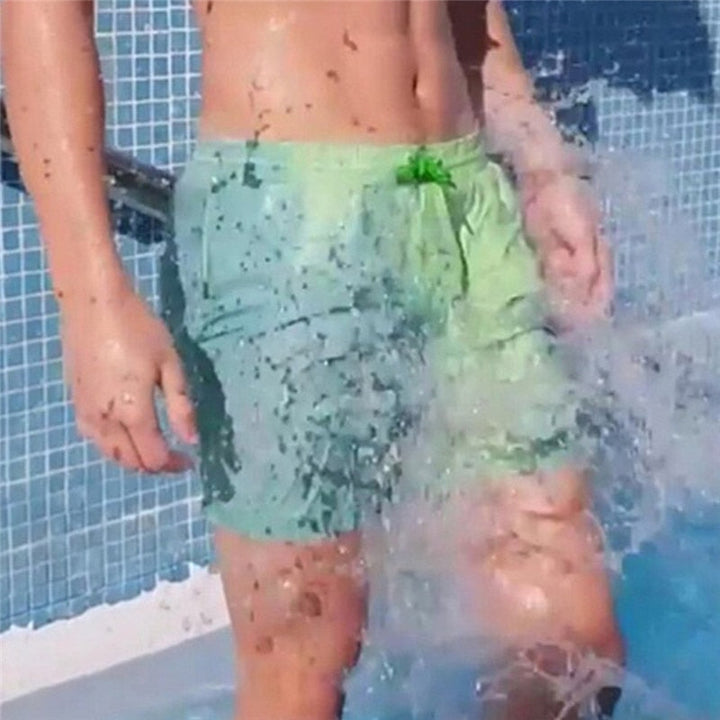 Comfortable men's color-changing swim shorts, showcasing full thermal color transformation