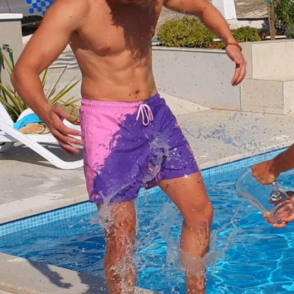 Dynamic color-changing beachwear for men, showcasing unique thermal technology and style