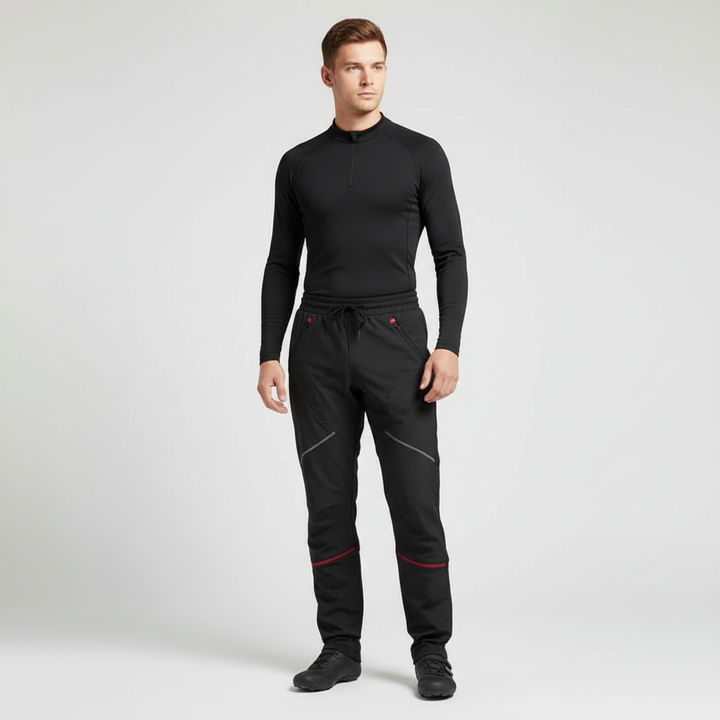 Close-up of water repellent men's cycling pants with reflective accents, fleece lined for warmth
