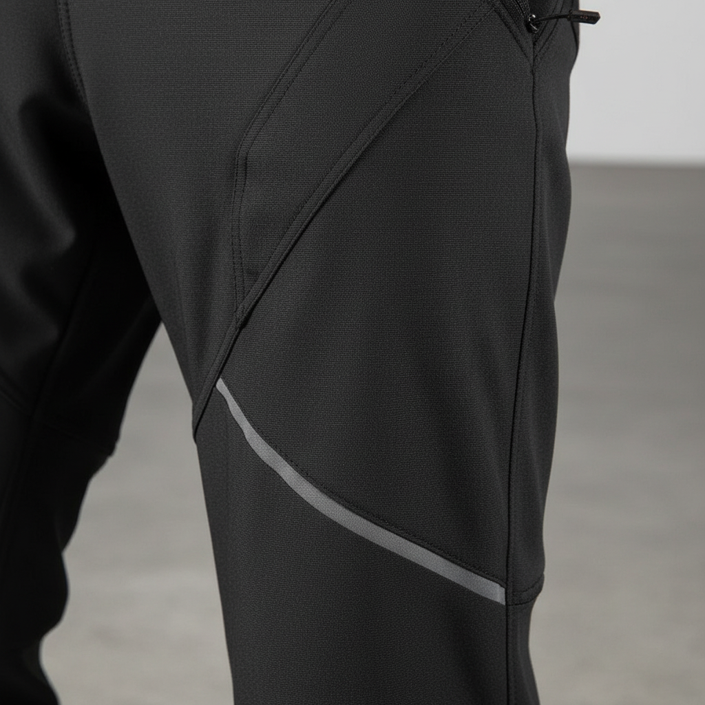 Male cyclist wearing men's thermal fleece trousers, showing fit and reflective details on leg