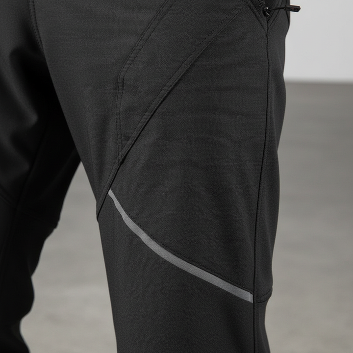 Male cyclist wearing men's thermal fleece trousers, showing fit and reflective details on leg