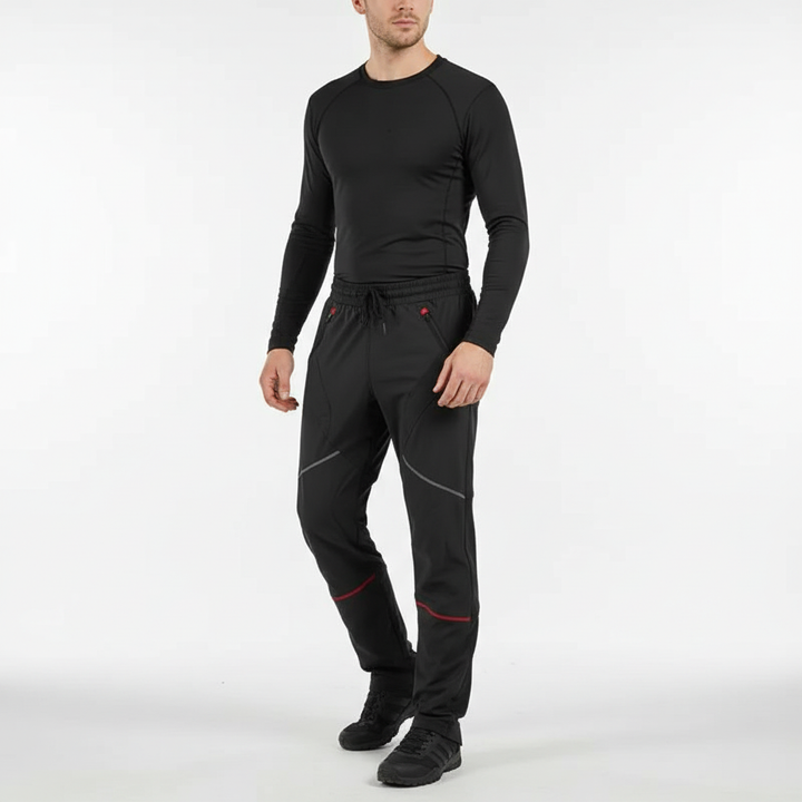 Folded men's cycling trousers, fleece lined, emphasizing thermal fabric & water repellent quality