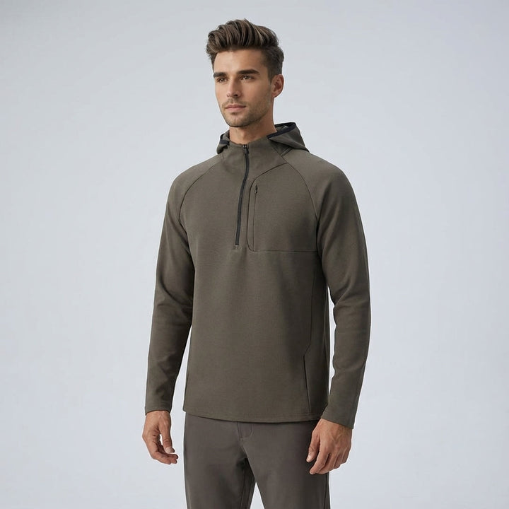 Brandon men's performance half-zip hoodie in dark grey, breathable stretch fabric for sportswear