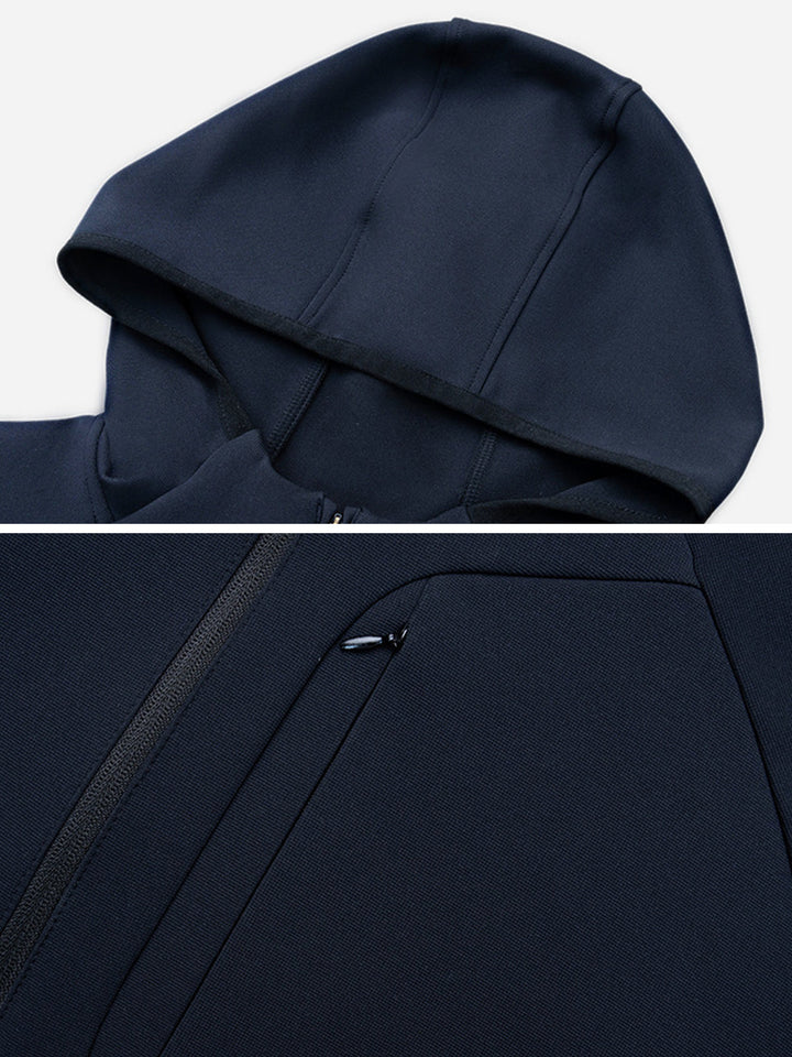 Athletic men's half-zip hooded jacket in blue, showcasing thermal wear technology & comfort