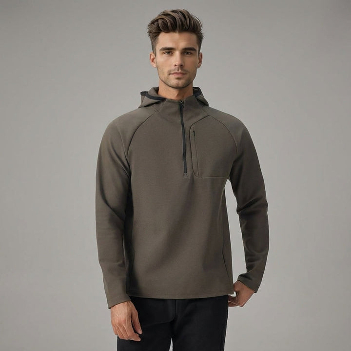 Side view of men's breathable hooded thermal jacket, half-zip closure, excellent for running