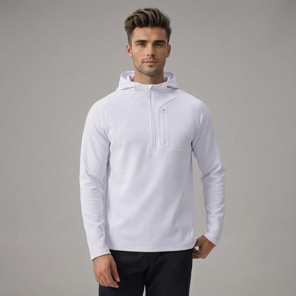Detail of men's athletic jacket fabric, thermal properties & stretch for ultimate performance