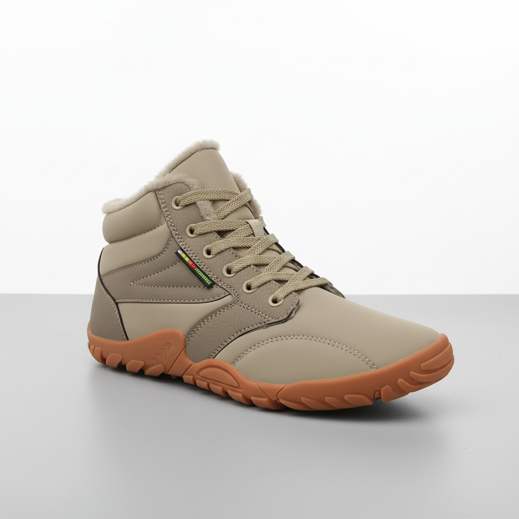 Close-up of men's insulated winter sneakers, showcasing thermal lining and durable water repellent material.