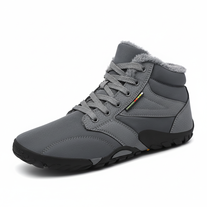Men's thermal lined sneakers in action, worn outdoors, emphasizing non-slip grip and insulated comfort.