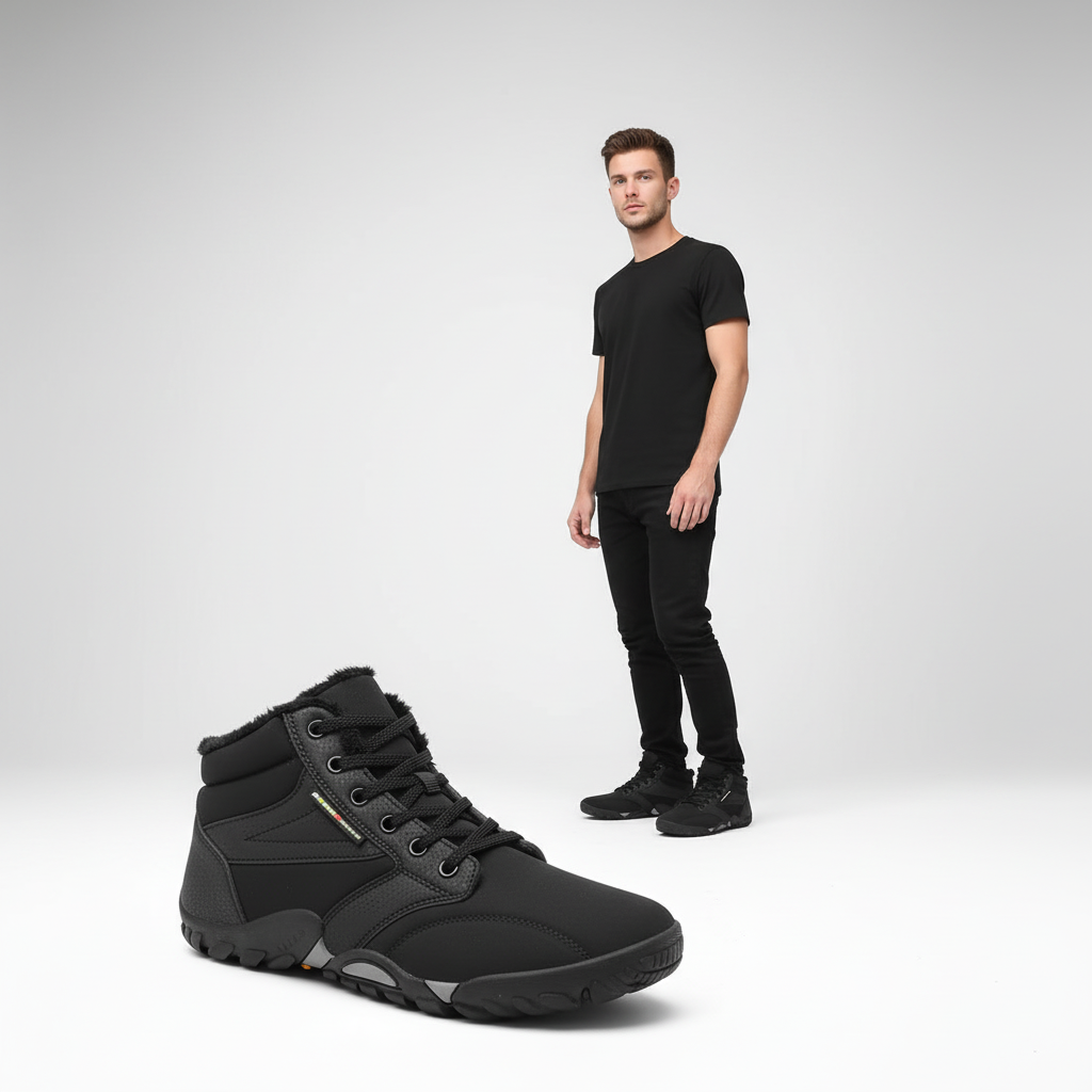 Front view of men's water repellent thermal sneakers, black, suitable for cold weather and casual wear.
