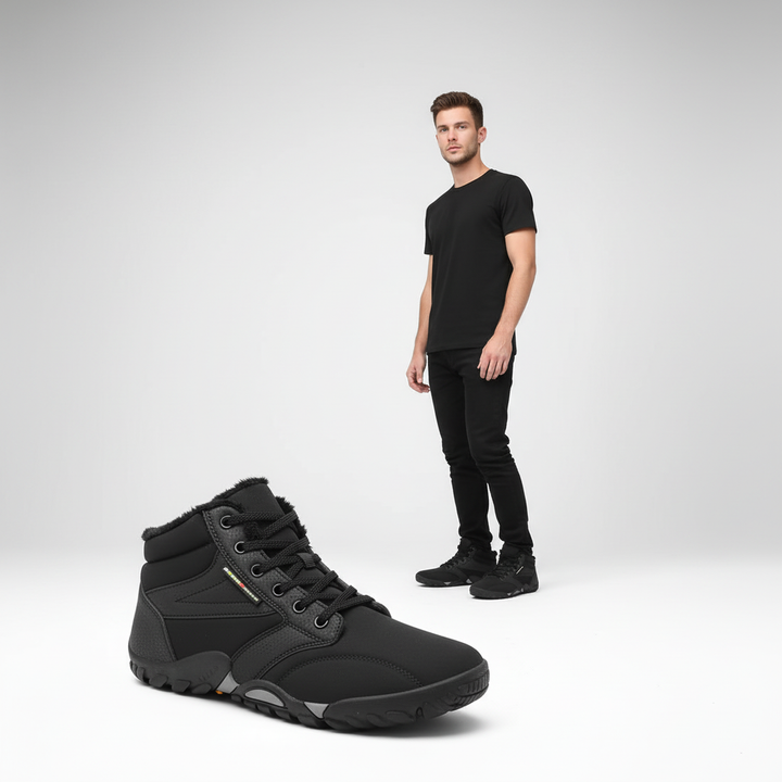 Front view of men's water repellent thermal sneakers, black, suitable for cold weather and casual wear.