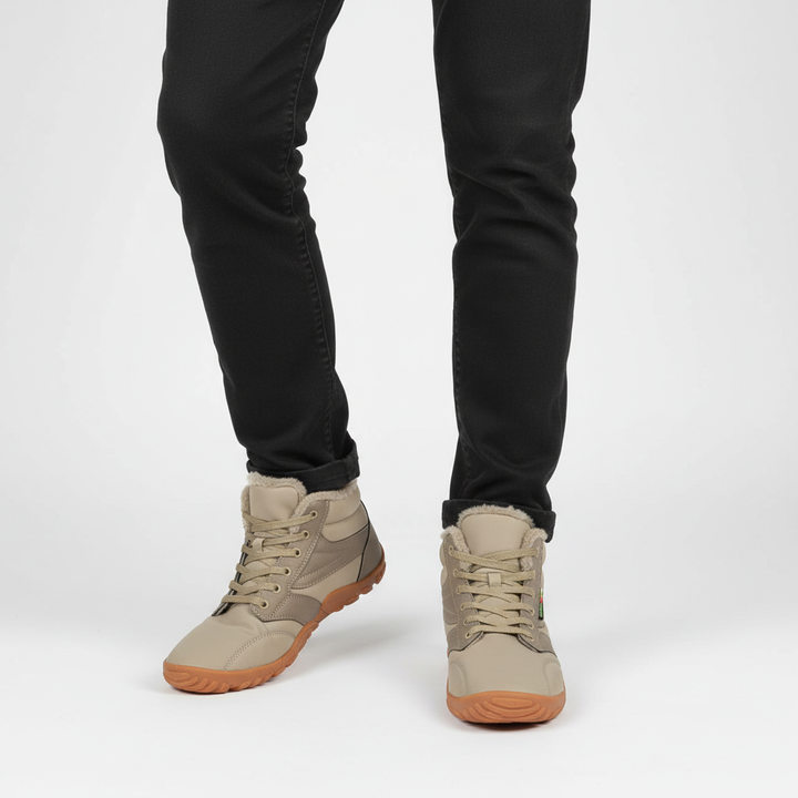 Men's thermal sneakers, side view, showing lace-up design, insulated interior for warmth, and sturdy construction.
