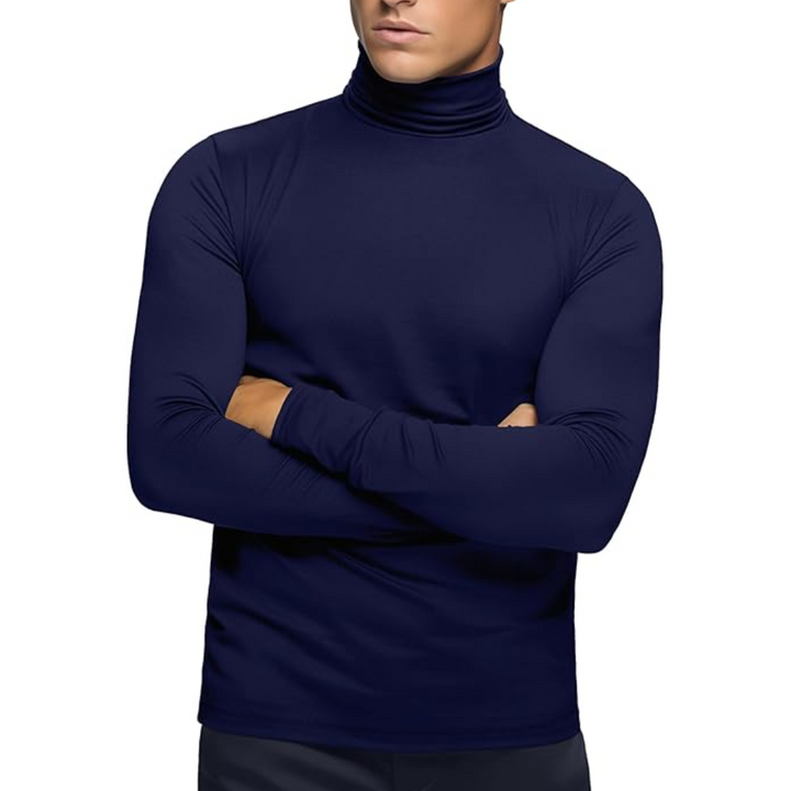 Men's thermal roll neck baselayer paired with outdoor winter clothing