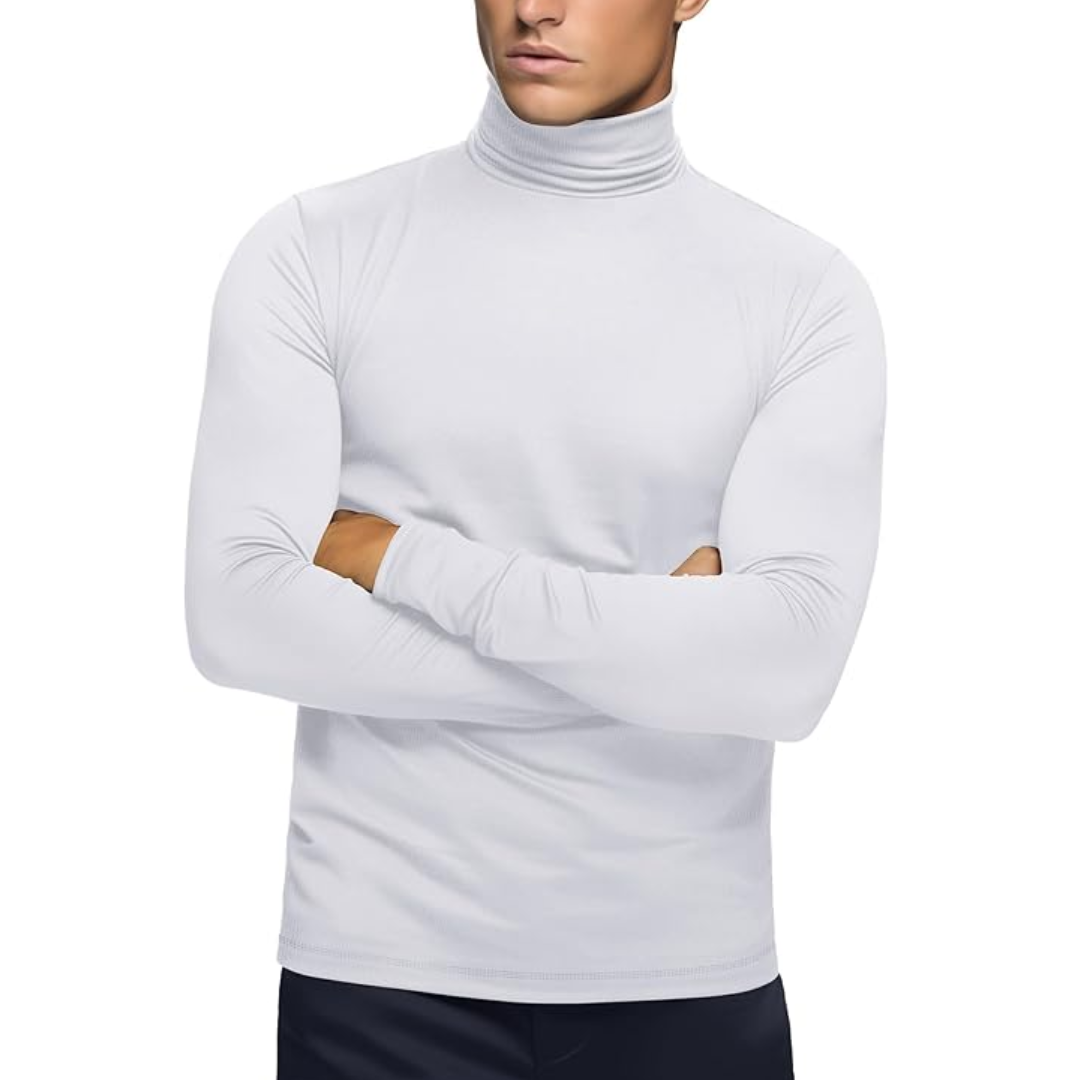 Model wearing a black men's thermal roll neck baselayer, suitable for cold weather