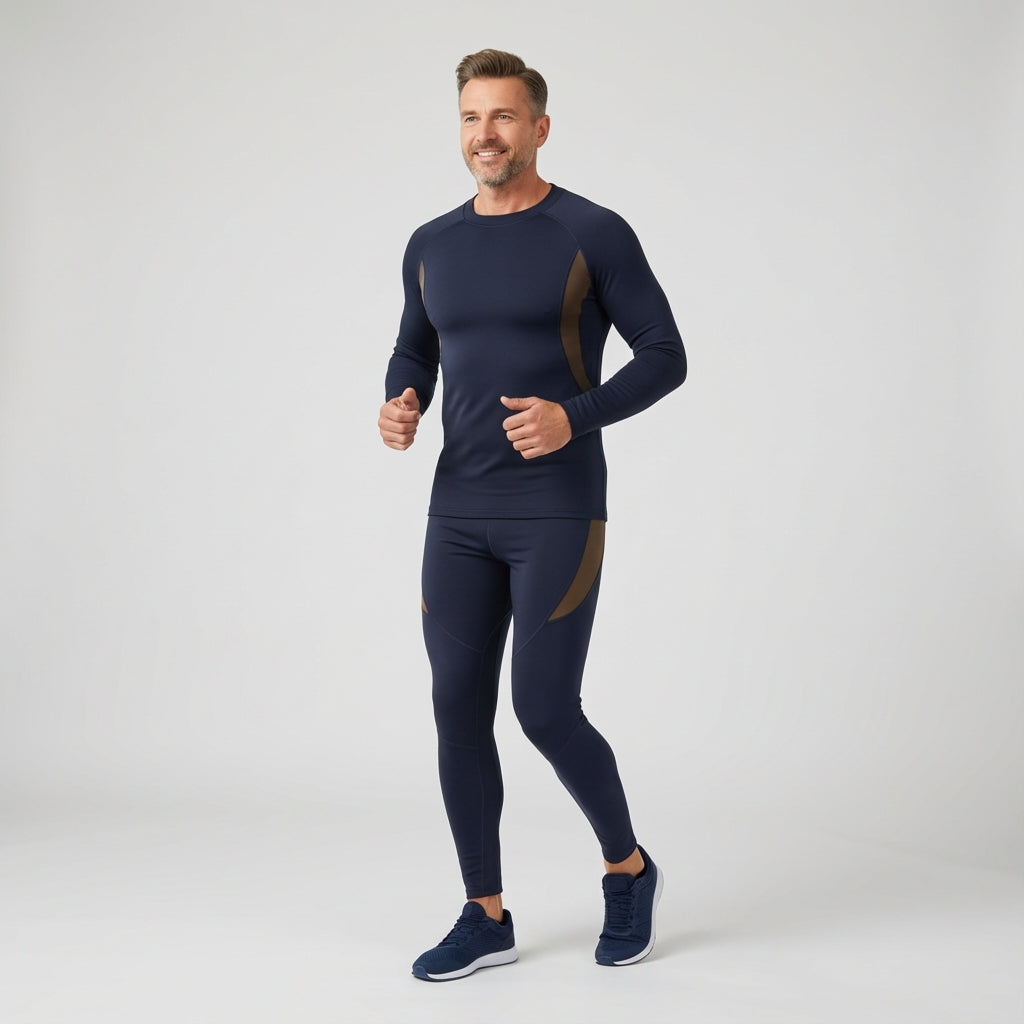 Man wearing a black men's thermal sports set, demonstrating flexibility suitable for loungewear or winter workout.