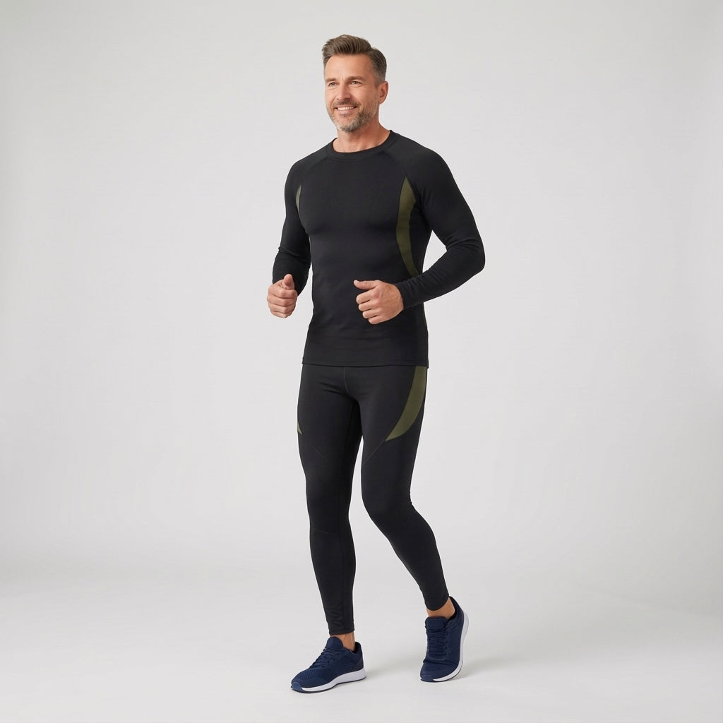 Complete men's thermal sports set featuring long sleeve top and pants, essential fleece-lined athletic apparel.