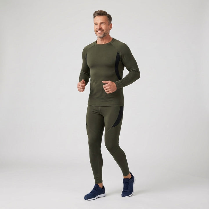 Moisture-wicking men's thermal base layer set, fleece-lined for warmth during winter sports and athletic activities.
