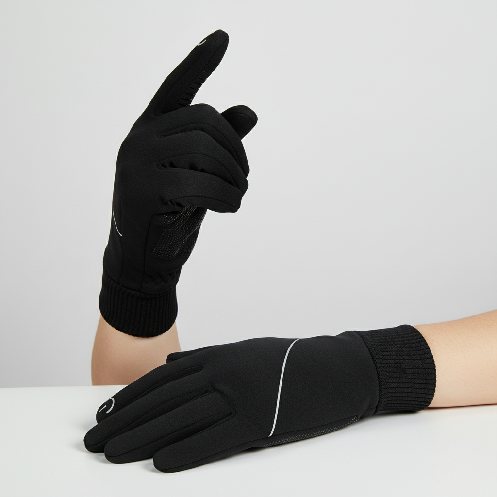 Close-up of men's non-slip touchscreen winter gloves. Ideal for cycling, running & cold weather activewear.