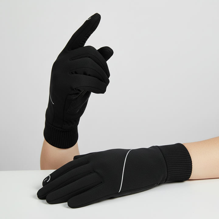 Close-up of men's non-slip touchscreen winter gloves. Ideal for cycling, running & cold weather activewear.