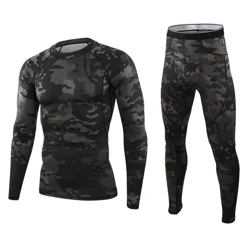 Men's thermal underwear set, black, designed for warmth & comfort in winter activities & sports, ideal base layer.