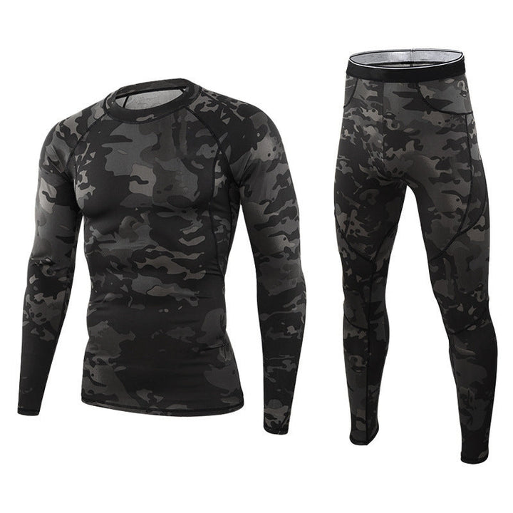 Men's thermal underwear set, black, designed for warmth & comfort in winter activities & sports, ideal base layer.