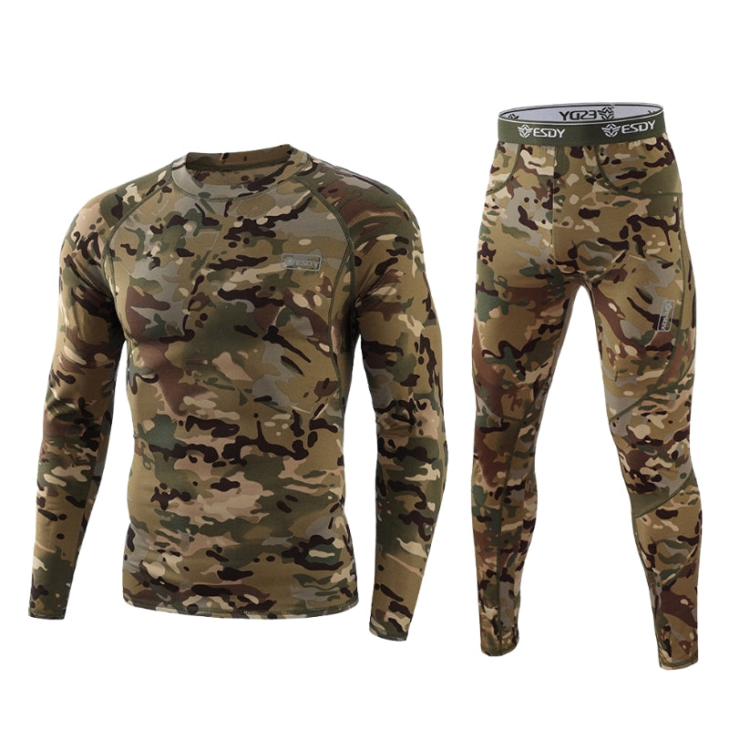 Complete men's thermal shirt and pants set, a vital cold weather base layer for winter apparel & outdoor adventures.