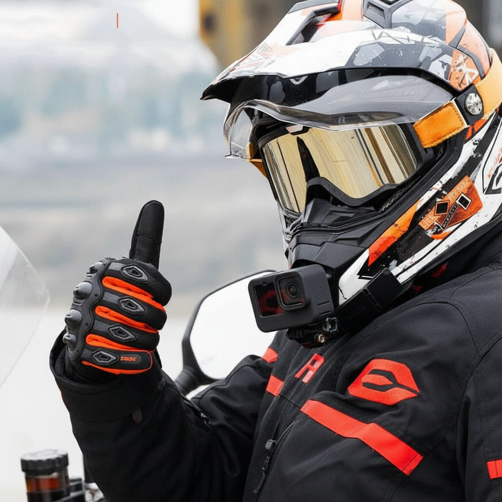 Protective men's winter motorcycle gloves, THERMOGRIP, carbon fiber knuckles, waterproof for cold weather.