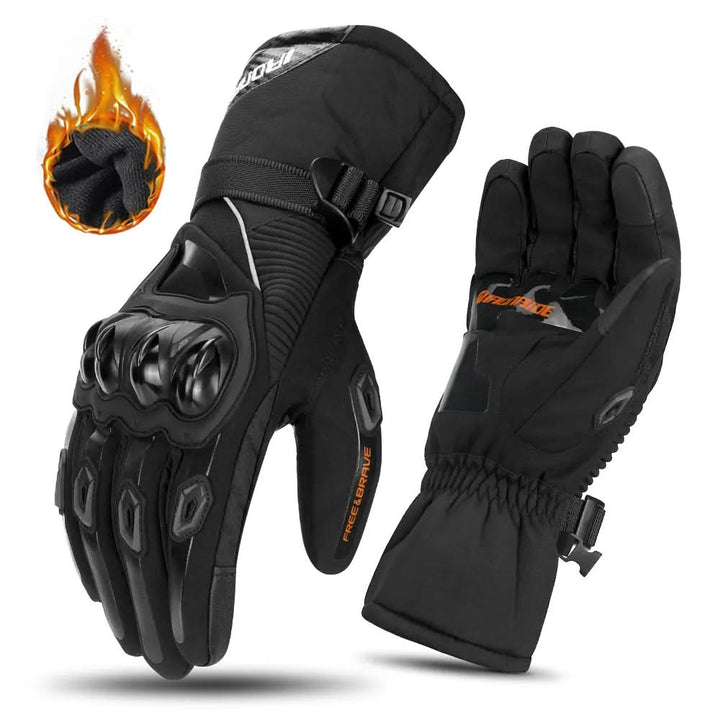 Insulated men's waterproof winter motorcycle gloves with touchscreen compatibility for cold weather riding.