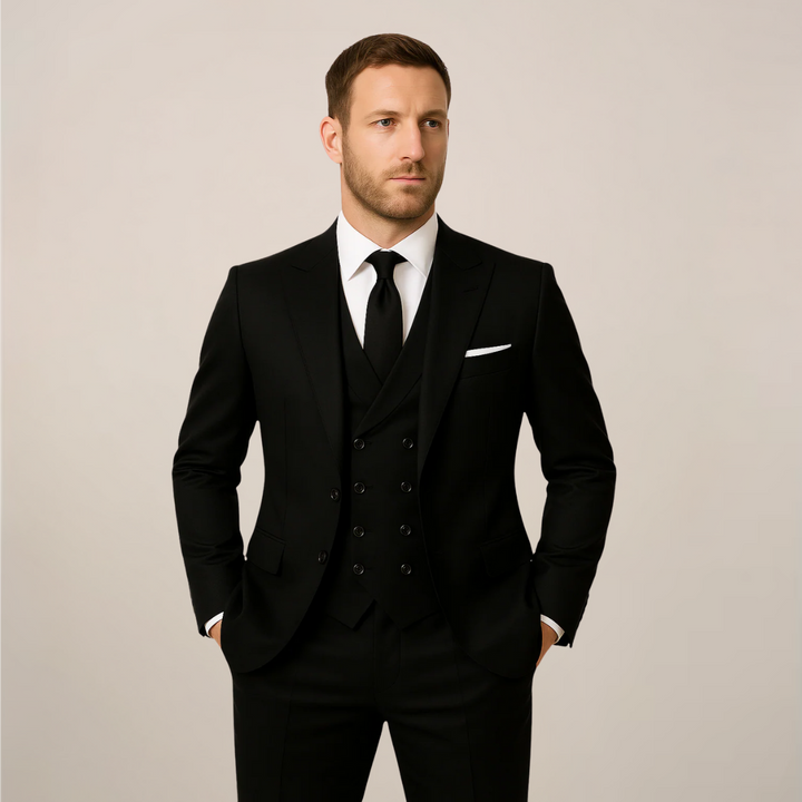 Men's three-piece dinner suit, black, with elegant contrast lapel. Perfect for formal events, weddings, and black tie.