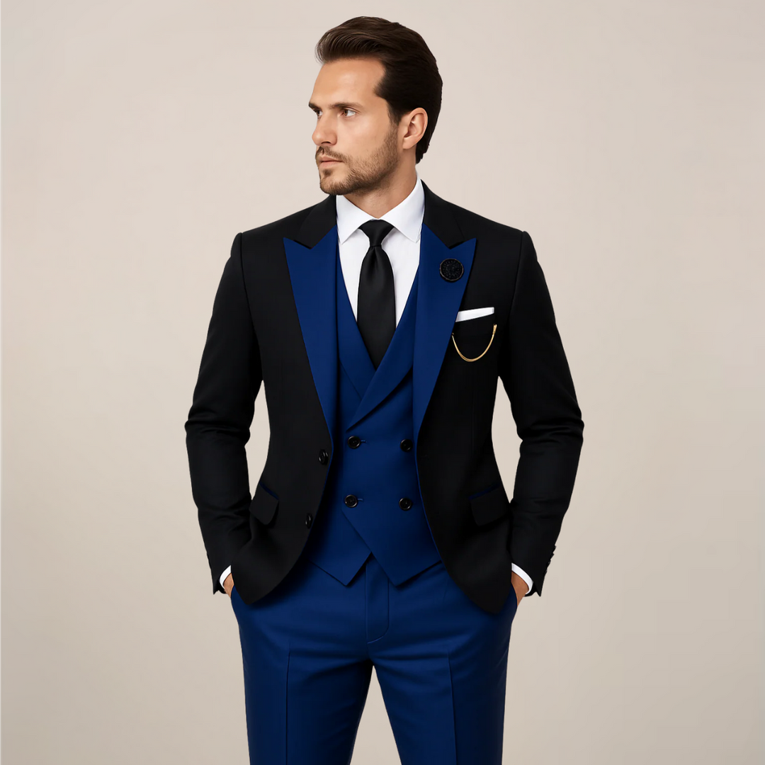 Classic men's three-piece dinner suit with contrast lapel, a stylish choice for formal events, weddings, and black tie.