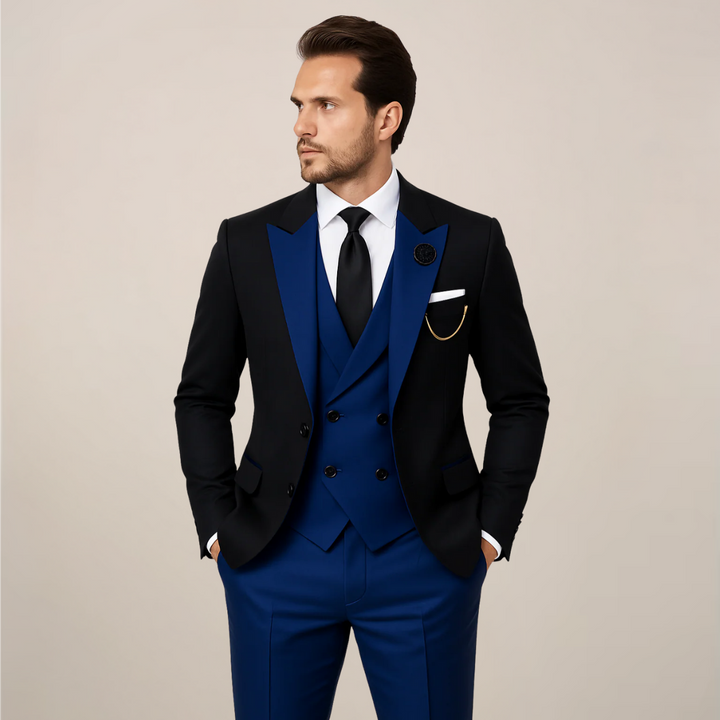 Classic men's three-piece dinner suit with contrast lapel, a stylish choice for formal events, weddings, and black tie.